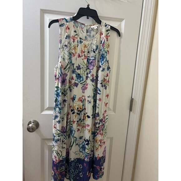 J. Jill Women’s XL Pleated Dress Floral Multi Color White Pockets A-Line Spring - Picture 2 of 15